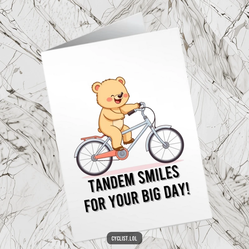 Funny Free Printable Birthday Card: Determined bear cub bravely balancing on a tiny tandem bike, celebrating a birthday.