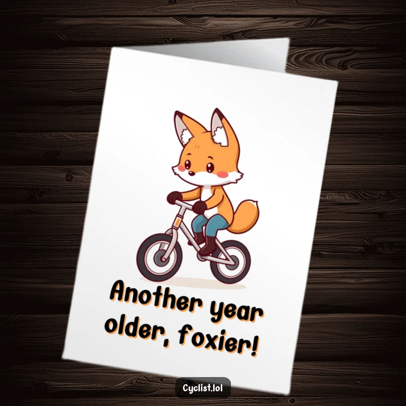 Funny Free Printable Birthday Card: Playful fox concentrating intensely while pedaling a unicycle, celebrating a birthday.