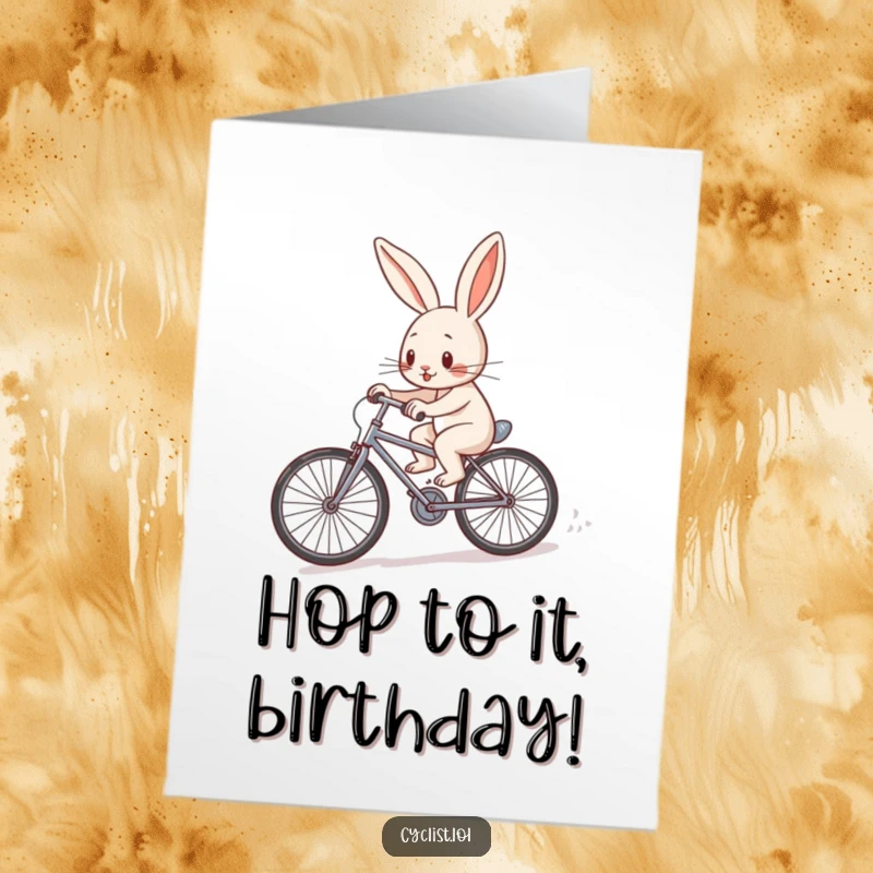 Funny Free Printable Rabbit Birthday Card: A determined rabbit pedals a tiny bicycle uphill, celebrating a birthday effort.