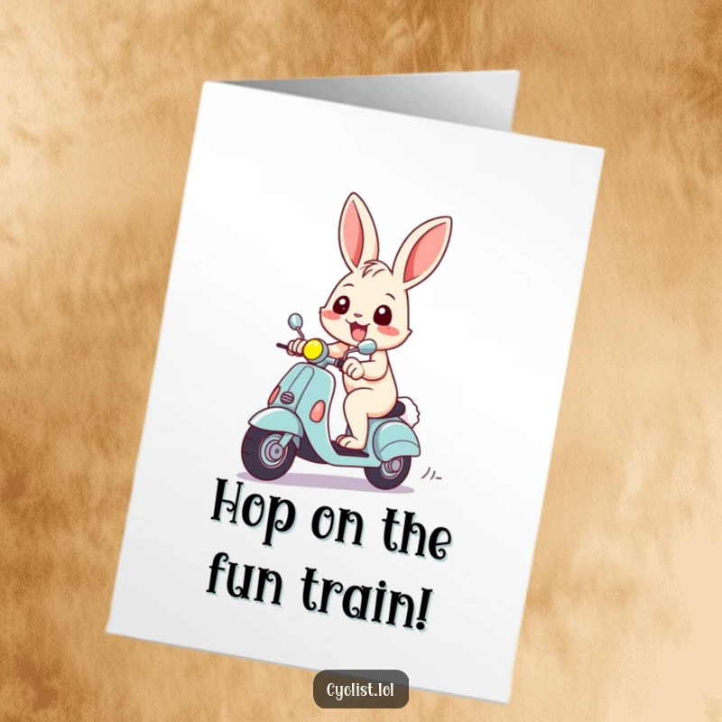 Funny Free Printable Birthday Card: Cheerful rabbit zooming on a scooter with a huge grin, ready to deliver birthday cheer.