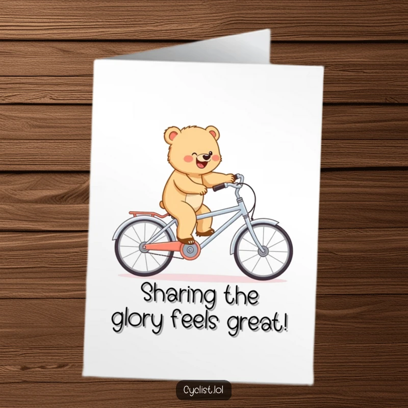 Funny Free Printable Congratulations Card: Determined bear cub balancing on a tiny tandem bike, marking a successful milestone.