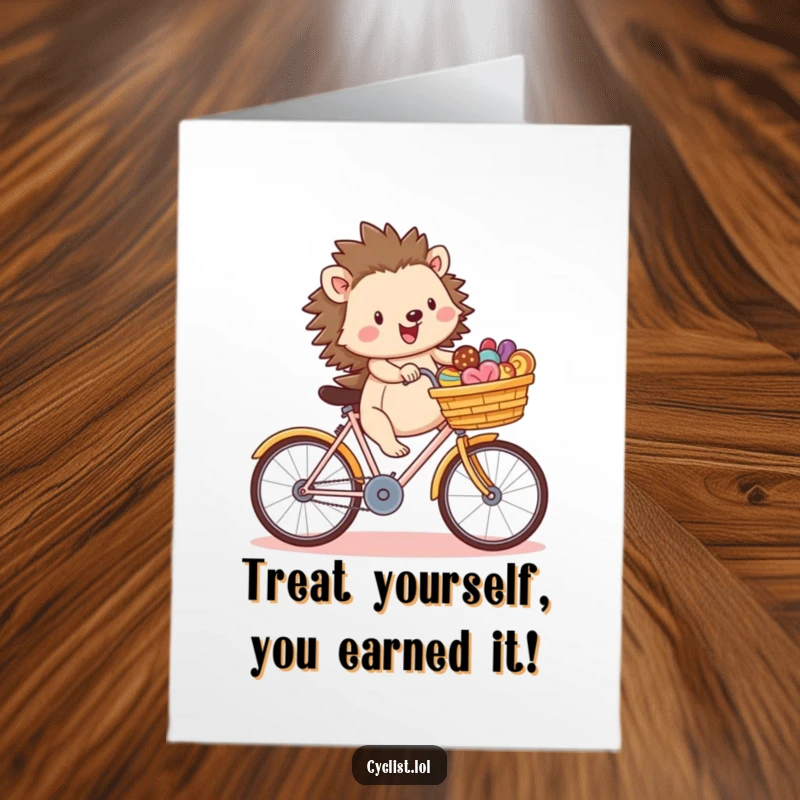 Free Printable Congratulations Card: A smiling hedgehog pedals a bike, its basket overflowing with delicious treats, celebrating achievement.