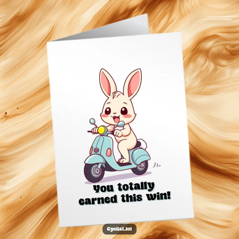 Funny Free Printable Congratulations Card: Cheerful rabbit speeding on a scooter, celebrating achievements with a big grin.