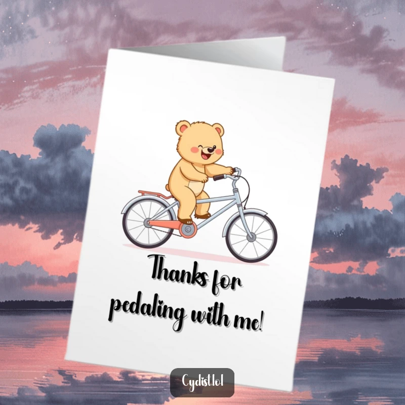 Funny Free Printable Thank You Card: Determined bear cub balancing on a tiny tandem bike, expressing heartfelt thanks.