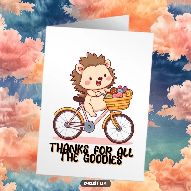 Free Printable Thank You Card: A cheerful hedgehog rides a bicycle, carrying a basket generously filled with delightful treats.