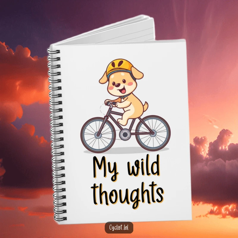 Funny dog bicycle notebook with a happy, helmeted dog speeding downhill, ideal for jotting down notes with adventurous flair.