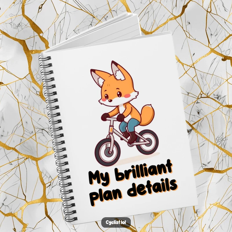 Funny notebook cover highlighting a playful fox with extreme concentration, pedaling a unicycle, ideal for focused note-taking.