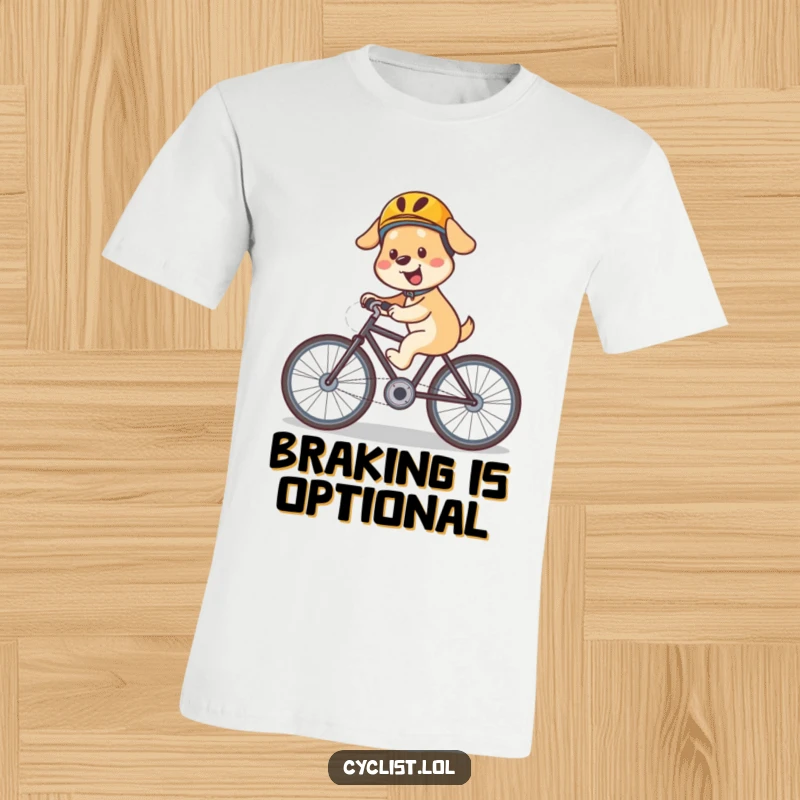 Funny dog t-shirt with a happy, helmeted dog biking downhill at high speed, capturing pure joy and adventurous spirit.