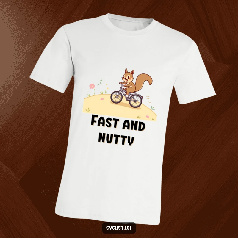 Funny squirrel bicycle t-shirt featuring a happy squirrel speeding down a hill on a tiny bike, perfect for humor-loving adventurers.