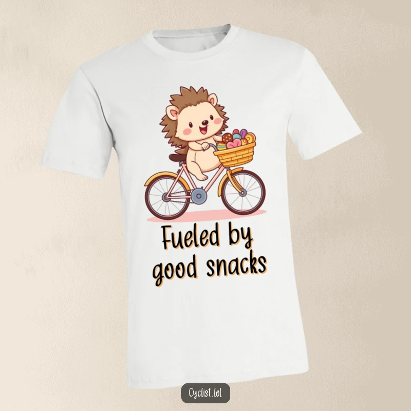 Funny happy hedgehog with a basket full of treats on a bicycle, printed on a soft t-shirt, ideal for cute and humorous apparel.
