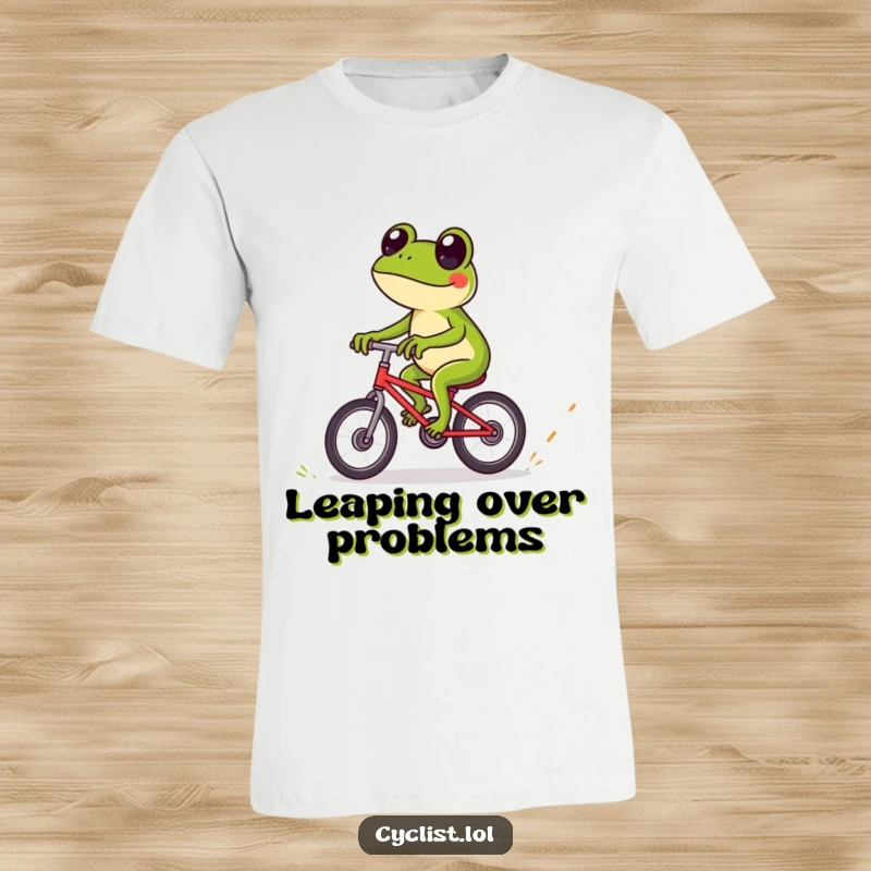 Funny frog t-shirt with a playful frog expertly riding a bicycle over tiny obstacles, showcasing skill and a sense of adventure.
