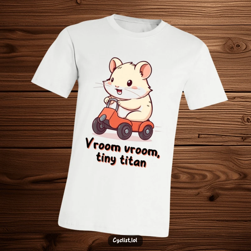 Funny T-Shirt with a determined hamster joyfully zooming on a miniature wheeled toy, radiating speed and excitement.