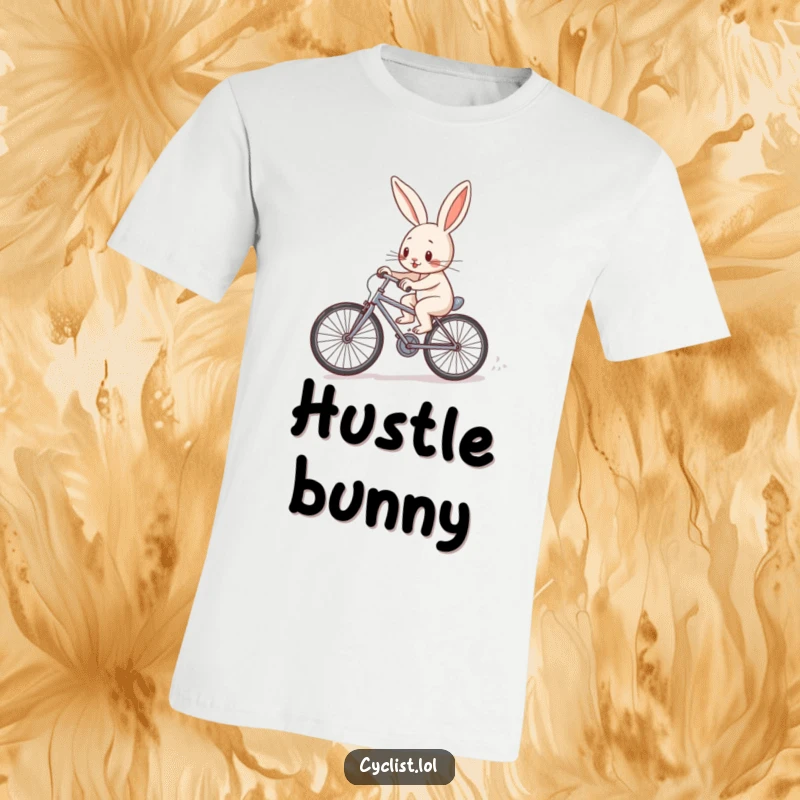 Funny determined rabbit character pedaling a tiny bicycle uphill on a t-shirt, showcasing effort and unwavering resolve.