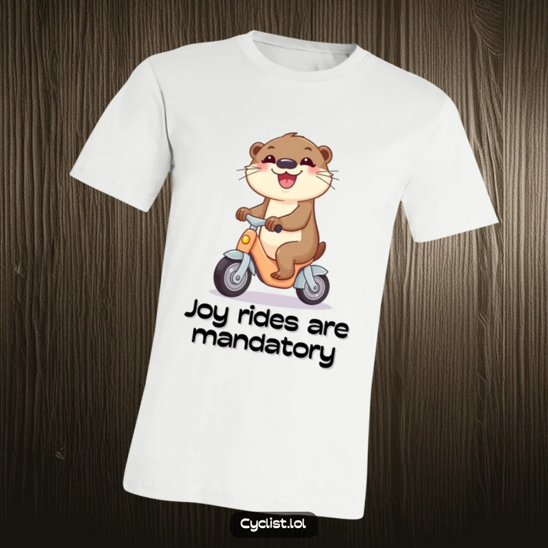 Funny t-shirt featuring a curious otter with pure joy, pedaling a small tricycle, a unique funny gift for playful souls.
