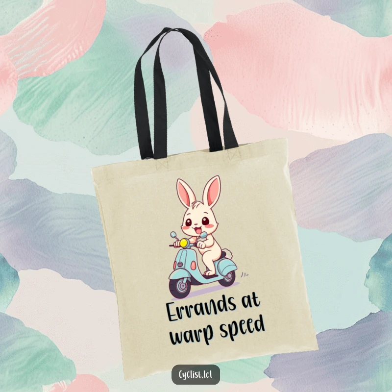 Funny tote bag showcasing a cheerful rabbit with a big grin, zipping along on a small scooter, ideal for a funny shopping companion.