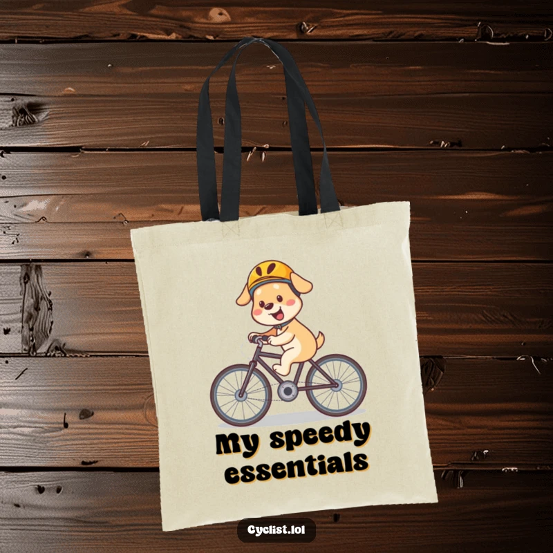 Funny dog tote bag showcasing a happy, helmeted dog speeding downhill on a bicycle, a practical accessory for adventure lovers.
