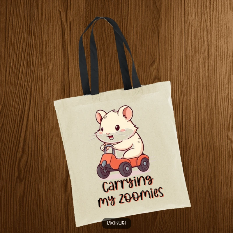 Funny Tote Bag depicting a determined hamster confidently riding a small wheeled contraption, full of zippy charm.
