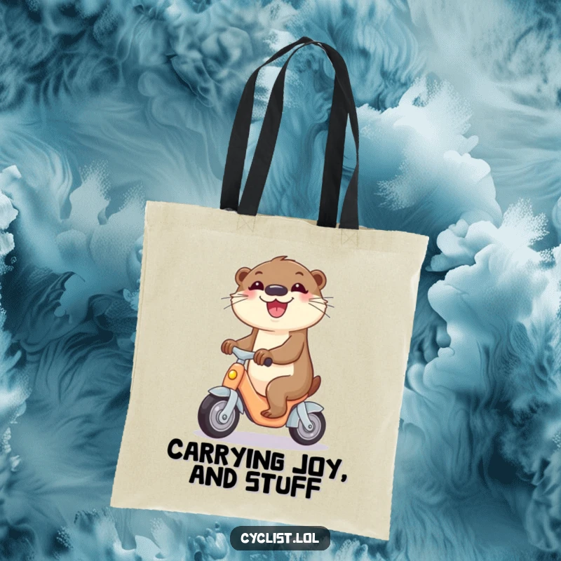 Funny tote bag showcasing a curious otter with great joy riding a miniature tricycle, perfect for carrying items with humor.