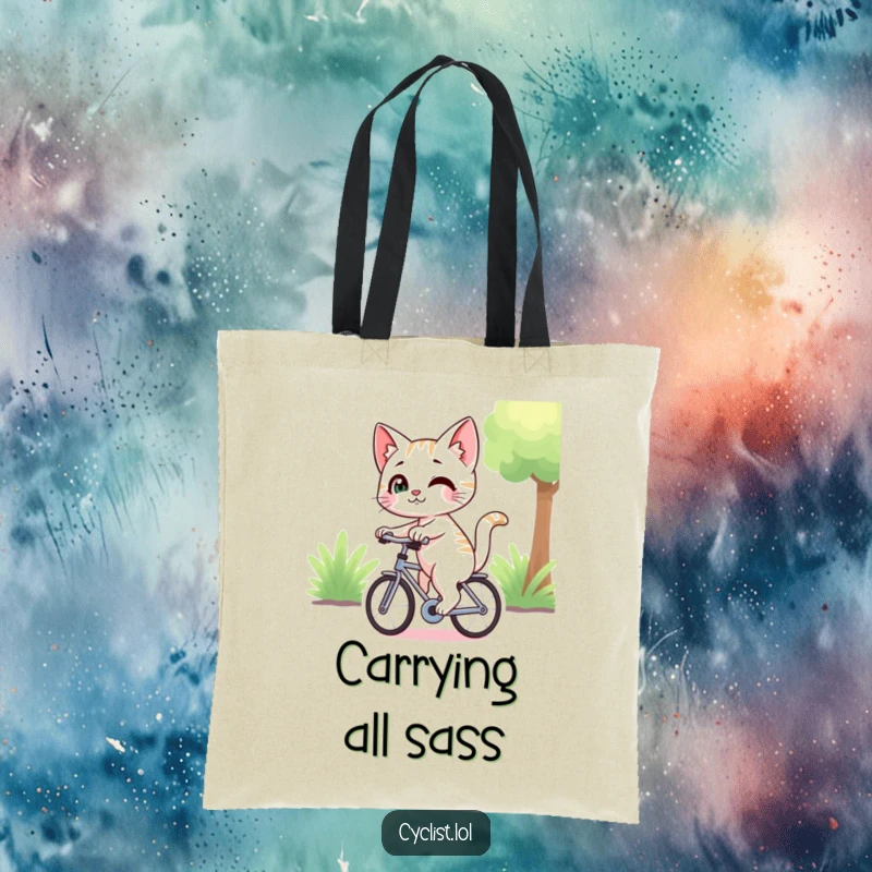 Funny cat with a mischievous smirk riding a bicycle and looking back, depicted on a sturdy tote bag, ideal for carrying essentials with style.