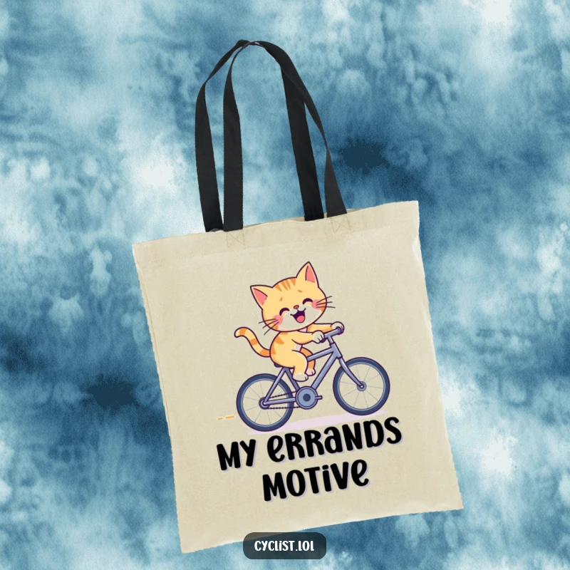Funny cat tote bag showcasing a cheerful cat pedaling furiously on a tiny racing bicycle, a practical accessory for cat enthusiasts.